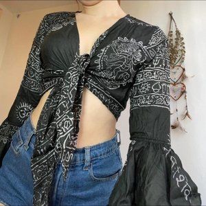 Women's Black and White Long Sleeve Flared Tapestry Tie Front Crop-top